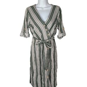 Luxology Womens M Striped Button Midi Dress Green White Rayon Blend Coastal Boho